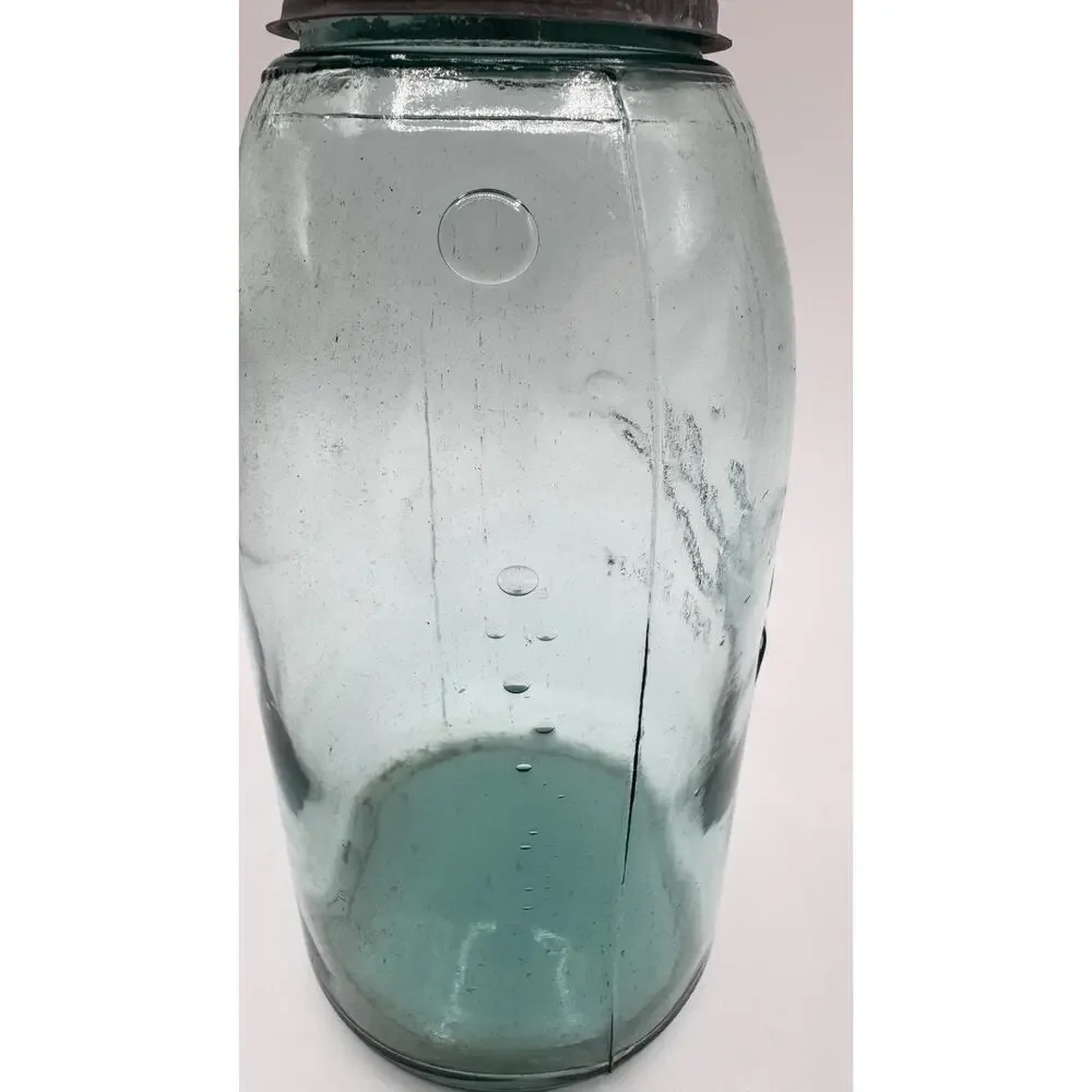 Vintage Ball Mason Jar Aqua Blue Glass Zinc Lid Early 1900s Lots of Bubbles RARE
